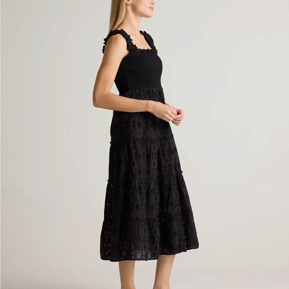 NWT Quince 100% Organic Cotton Eyelet Smocked Midi Dress in Black Size Small